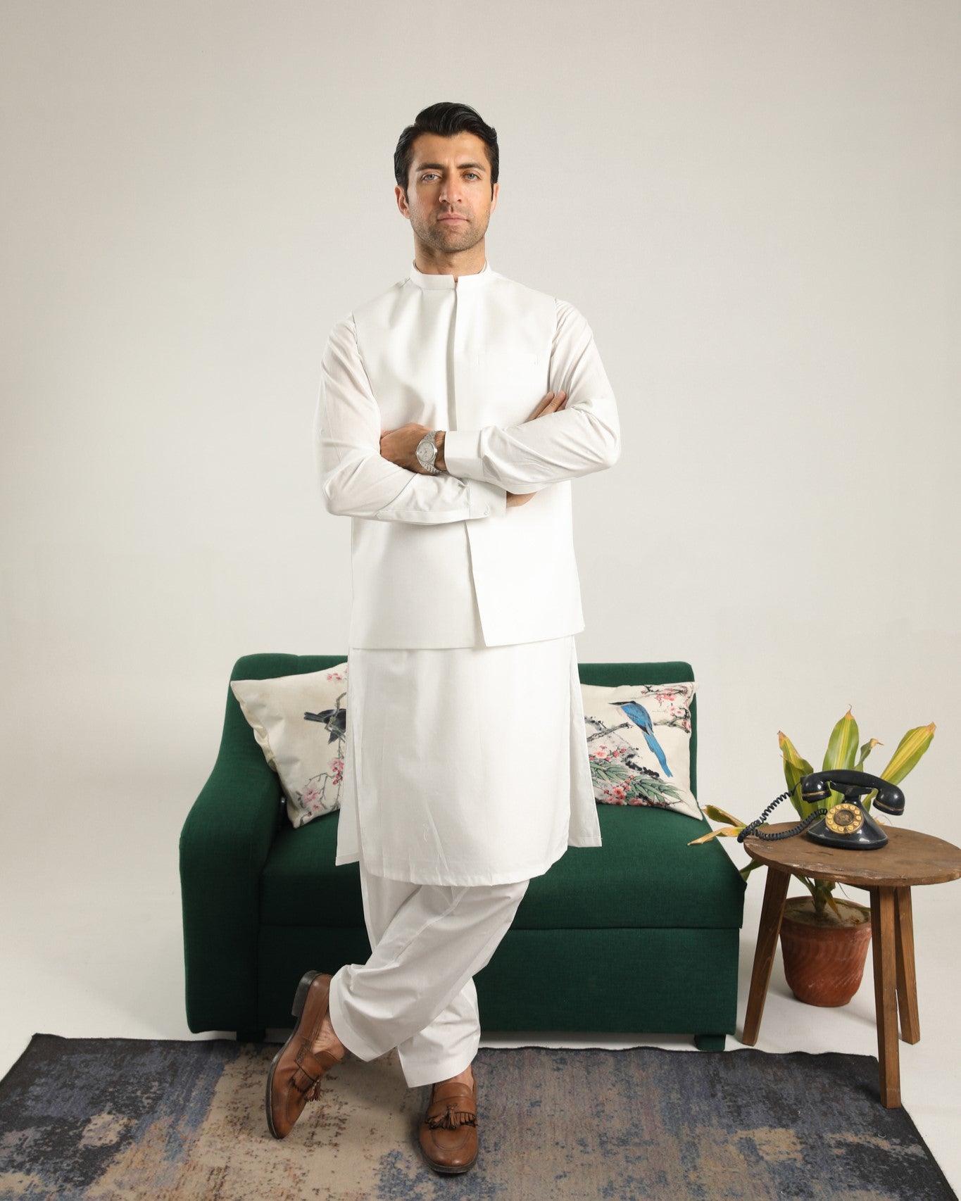 Off White Cotton Waistcoat Kurta Shalwar (3-Piece) - Image 4