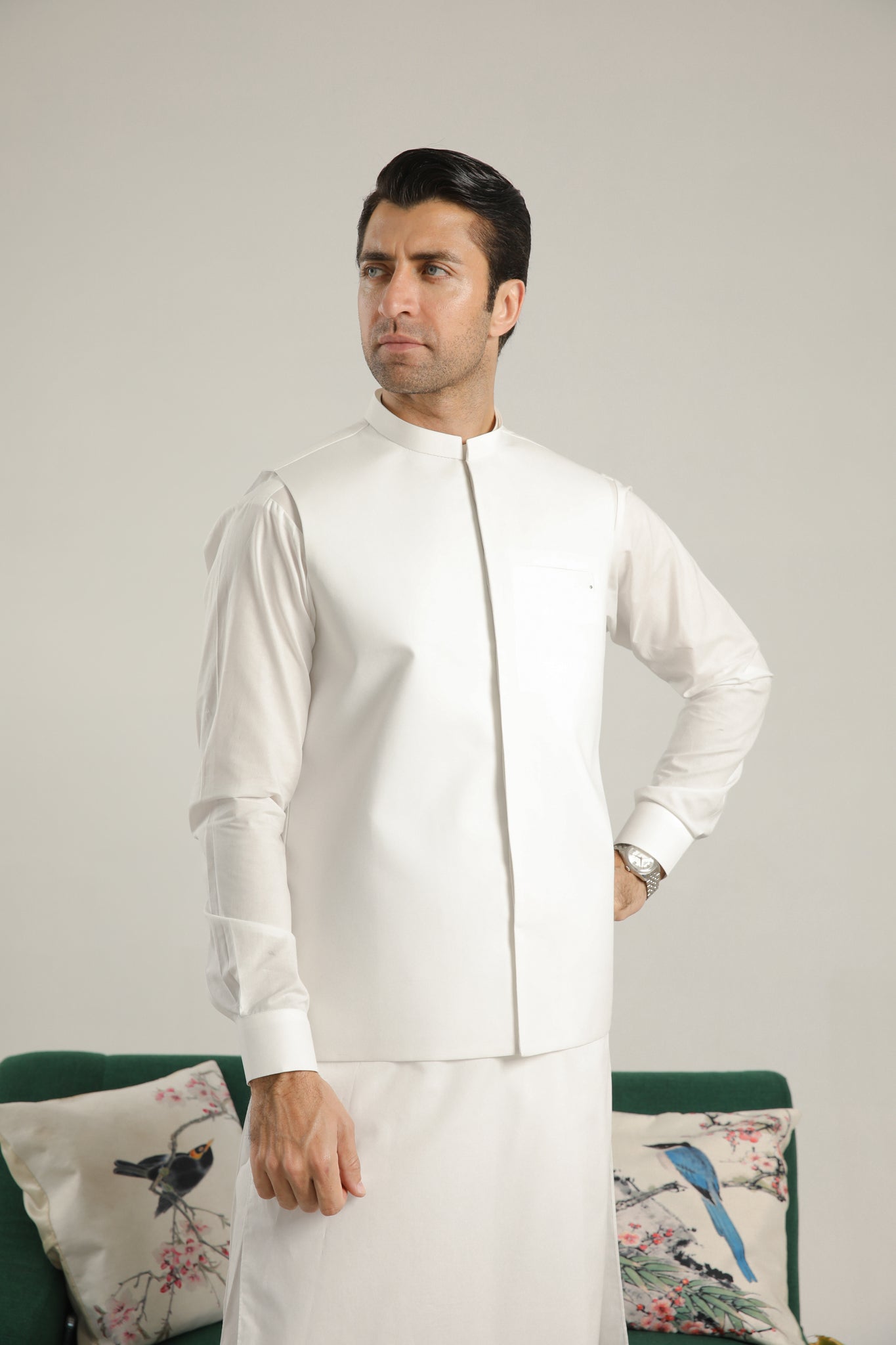 Off White Cotton Waistcoat Kurta Shalwar (3-Piece) - Image 5