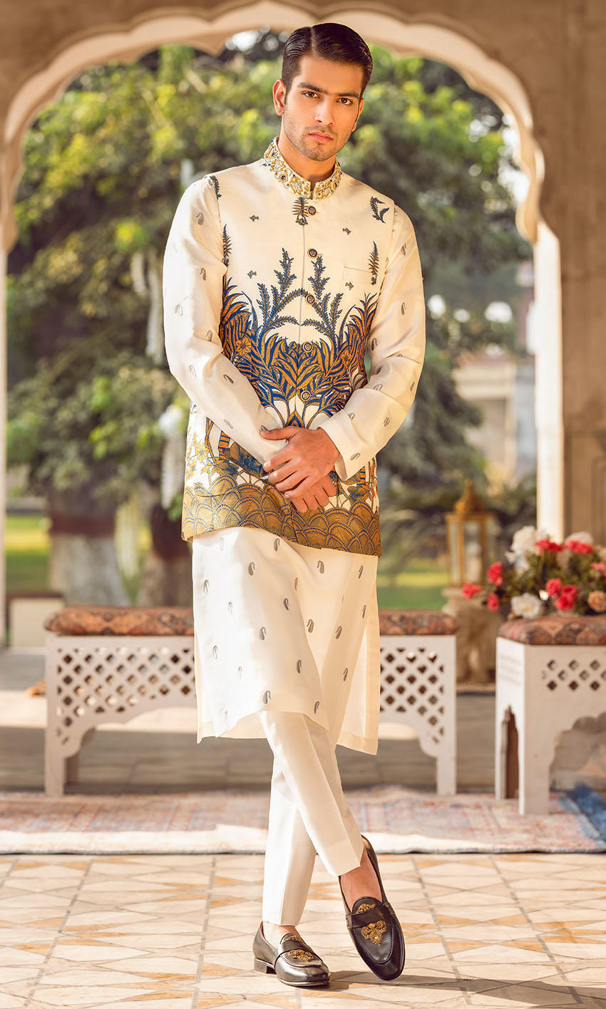Ivory Hand-Worked Cotton-Silk Waistcoat Kurta (3-Piece) - Image 1