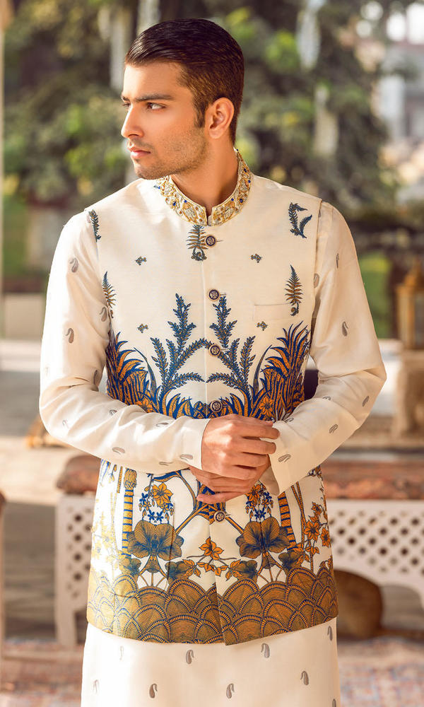 Ivory Hand-Worked Cotton-Silk Waistcoat Kurta (3-Piece) - Image 3