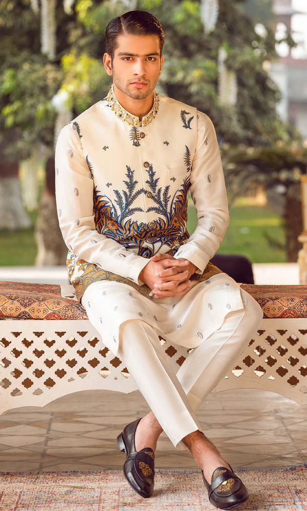 Ivory Hand-Worked Cotton-Silk Waistcoat Kurta (3-Piece) - Image 5