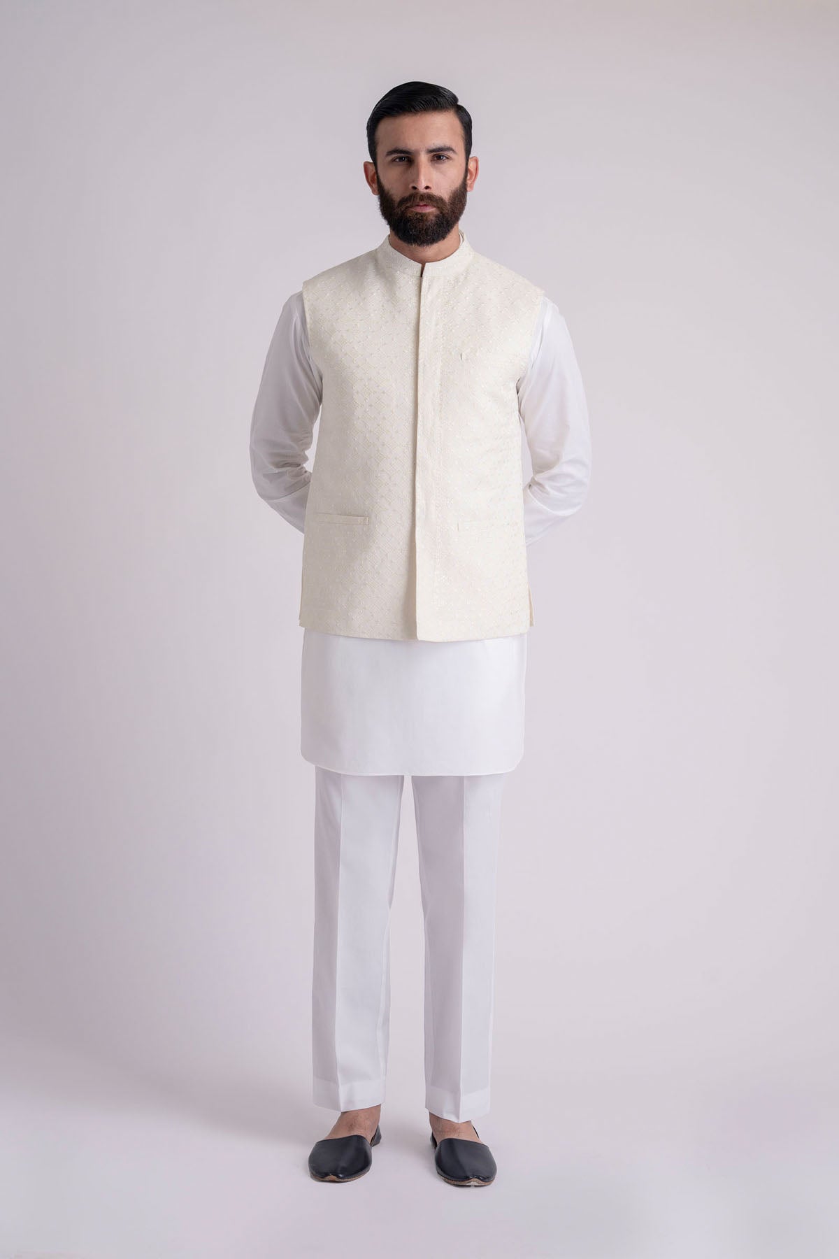 Off-White Embroidered Cotton-Silk Waistcoat Kurta (3-Piece) - Image 1