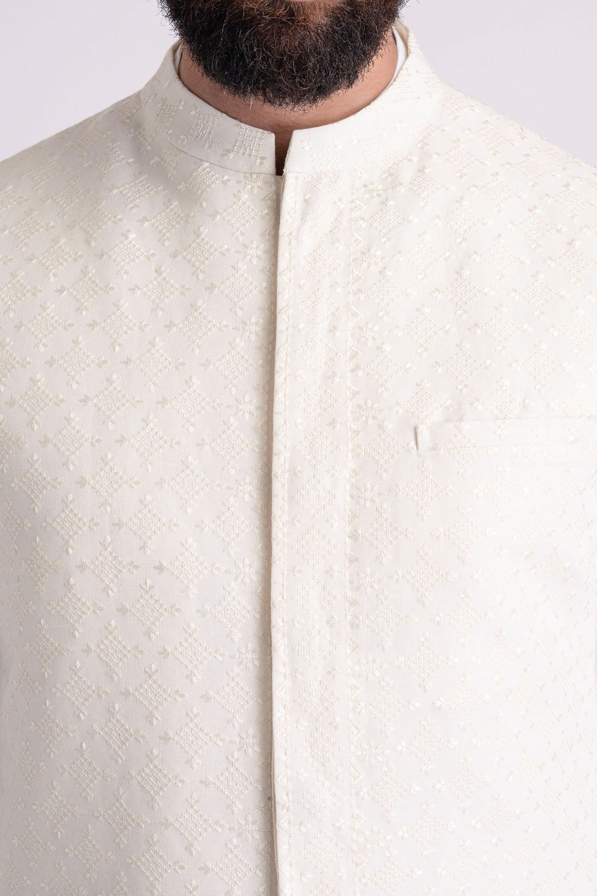 Off-White Embroidered Cotton-Silk Waistcoat Kurta (3-Piece) - Image 2