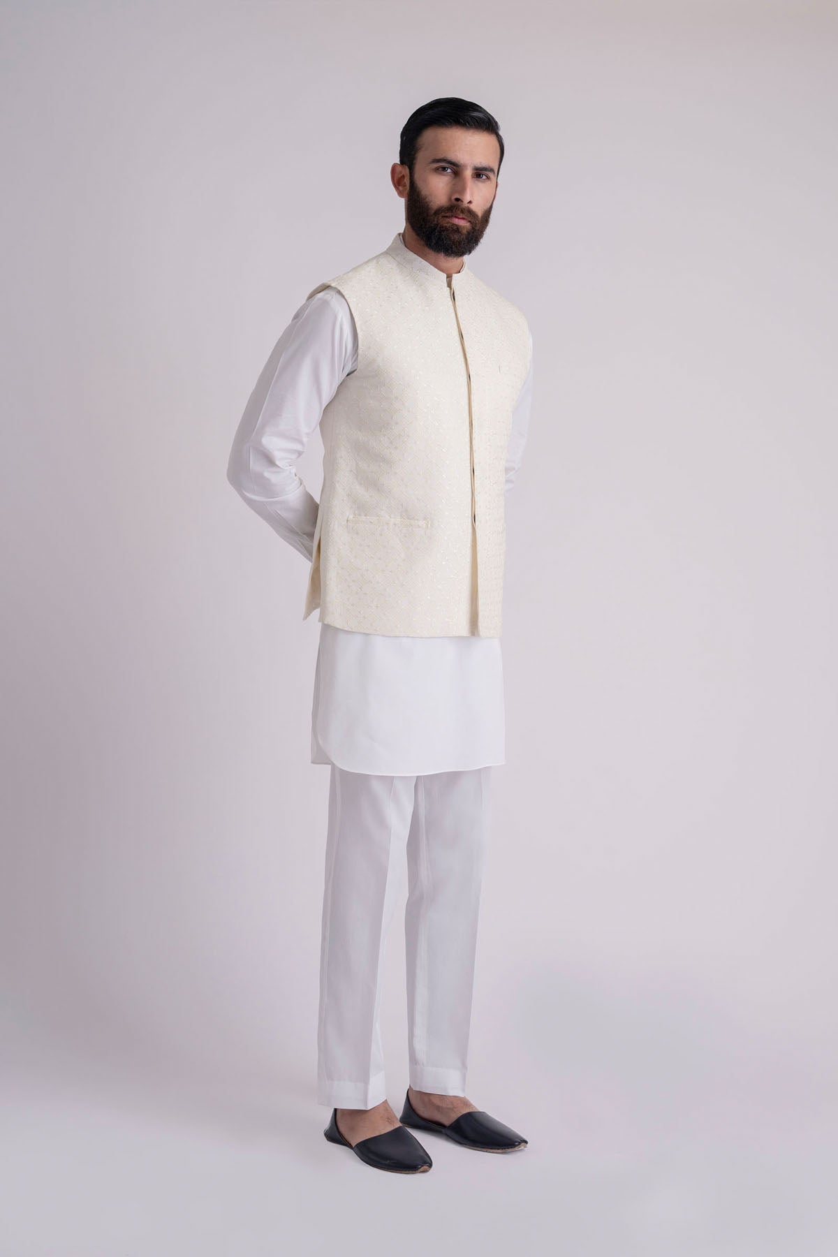 Off-White Embroidered Cotton-Silk Waistcoat Kurta (3-Piece) - Image 3