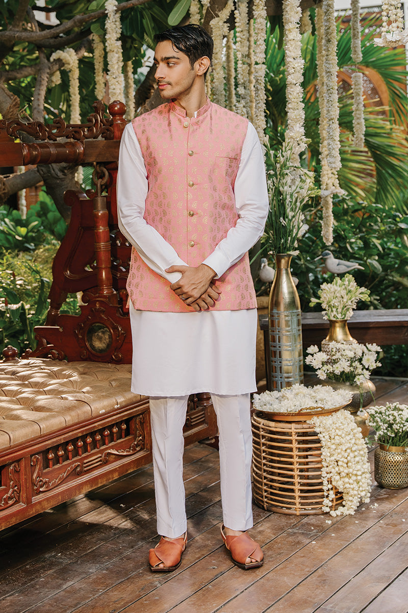 Off-White Screen-Printed Cotton Silk Waistcoat Kurta (3-Piece) - Image 1