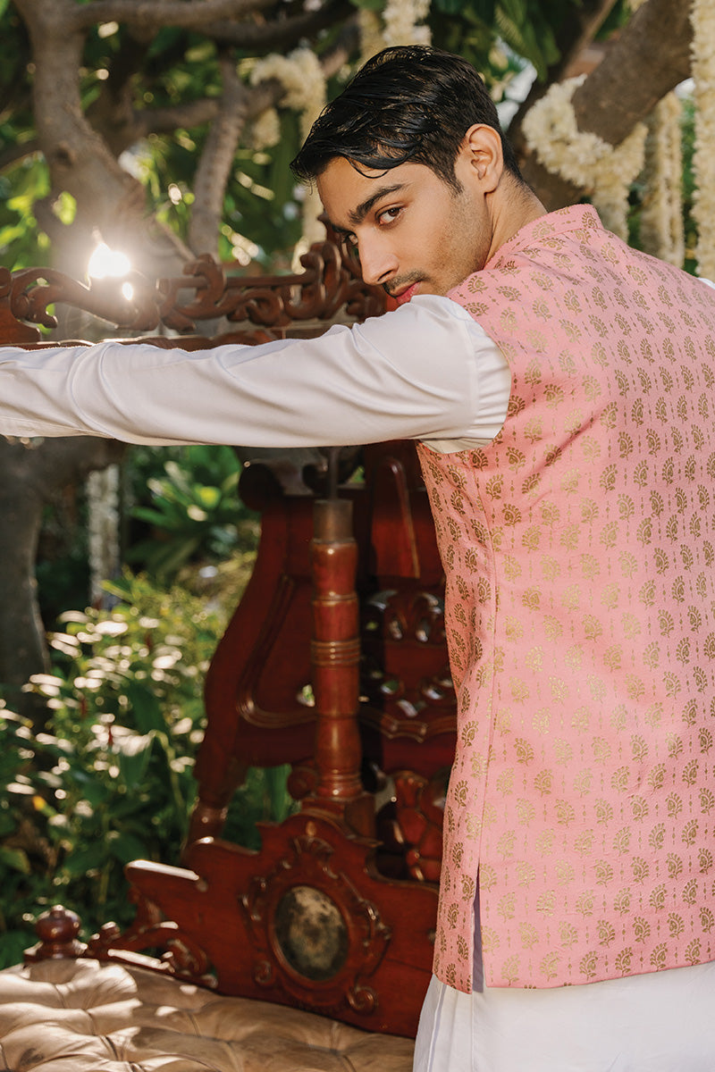 Off-White Screen-Printed Cotton Silk Waistcoat Kurta (3-Piece) - Image 3