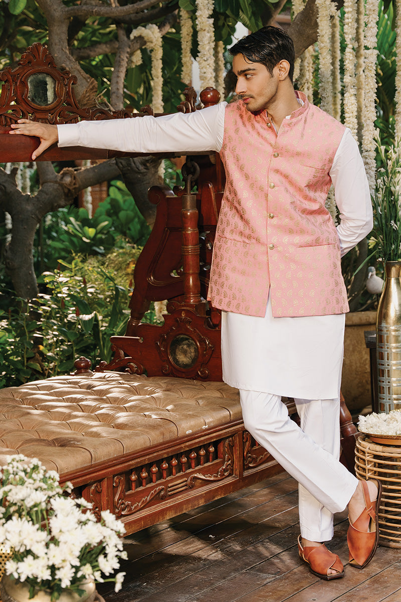 Off-White Screen-Printed Cotton Silk Waistcoat Kurta (3-Piece) - Image 4