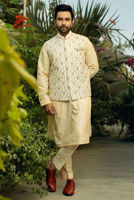 Off-White Embroidered Cotton Silk Waistcoat Kurta (3-Piece) - Image 2