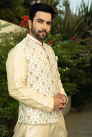 Off-White Embroidered Cotton Silk Waistcoat Kurta (3-Piece) - Image 3