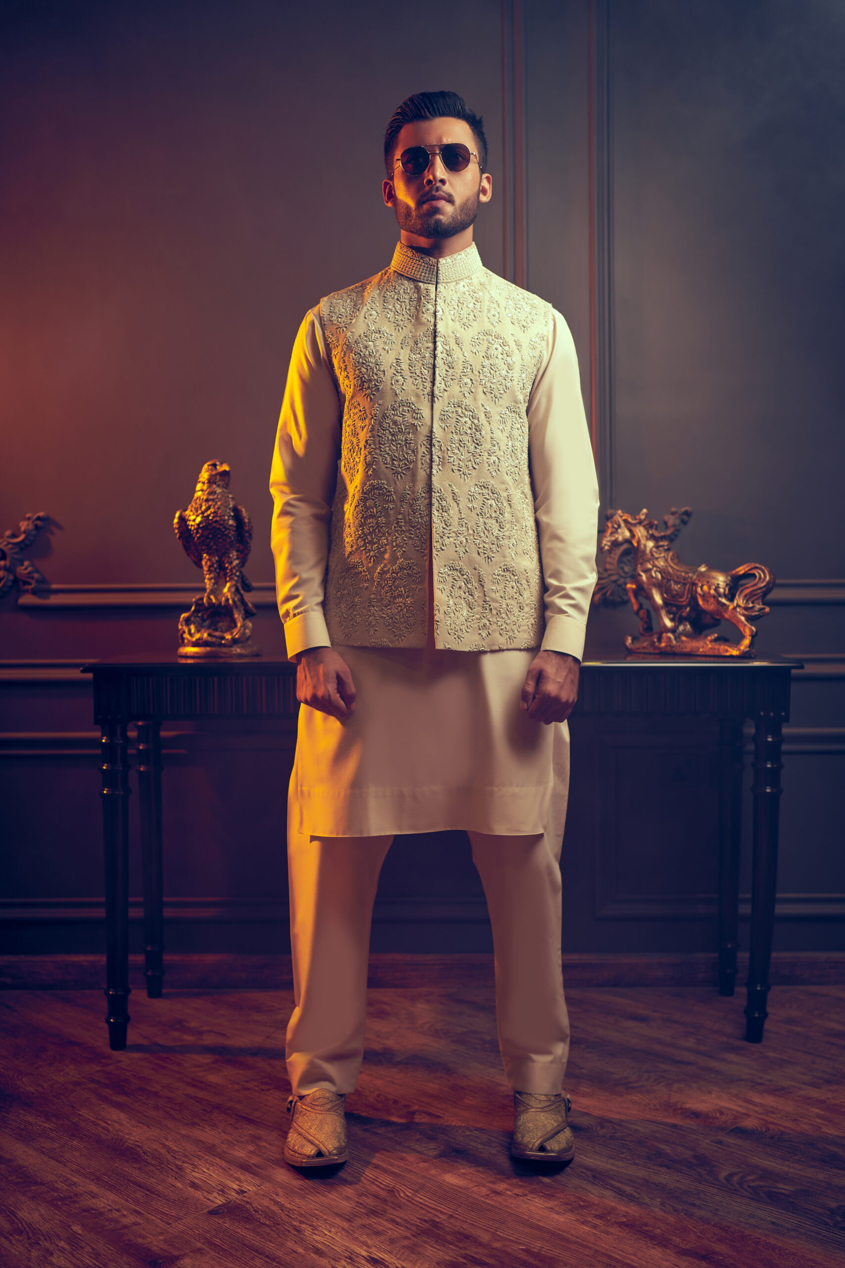 Ivory White Embroidered Cotton-Silk Waistcoat Kurta (3-Piece) - Image 2