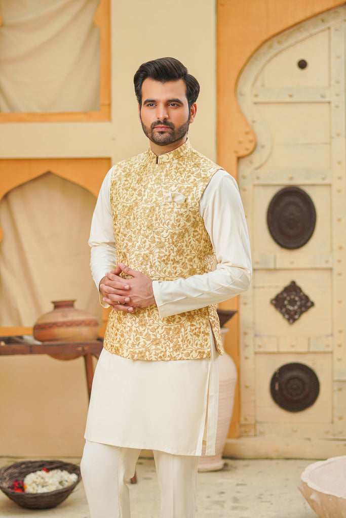 Ivory Embroidered Cotton Silk Waistcoat Kurta (3-Piece) - Image 1
