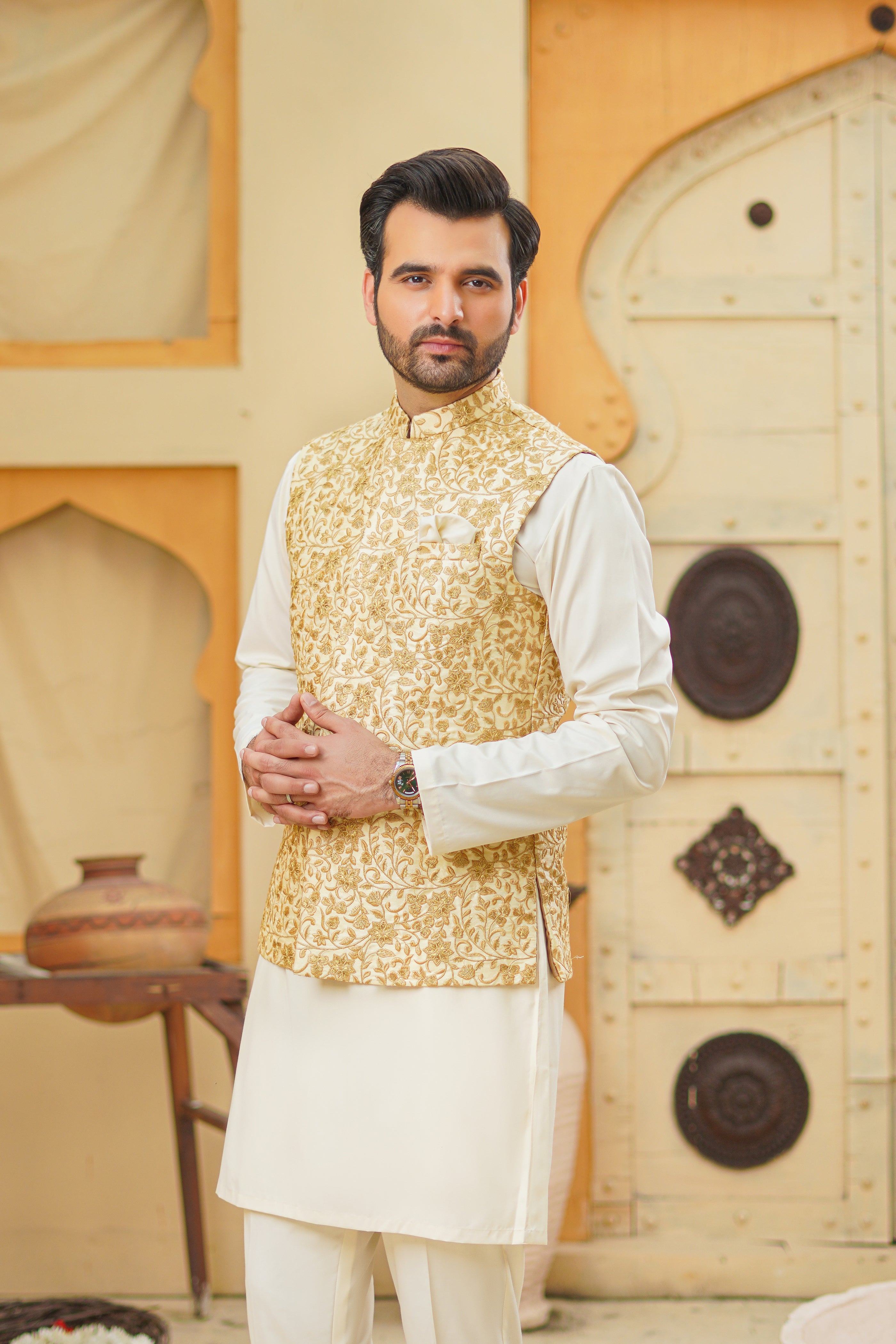 Ivory Embroidered Cotton Silk Waistcoat Kurta (3-Piece) - Image 3