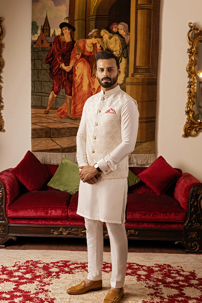 Cream Self-Embossed Cotton Silk Waistcoat (3-Piece) - Image 1