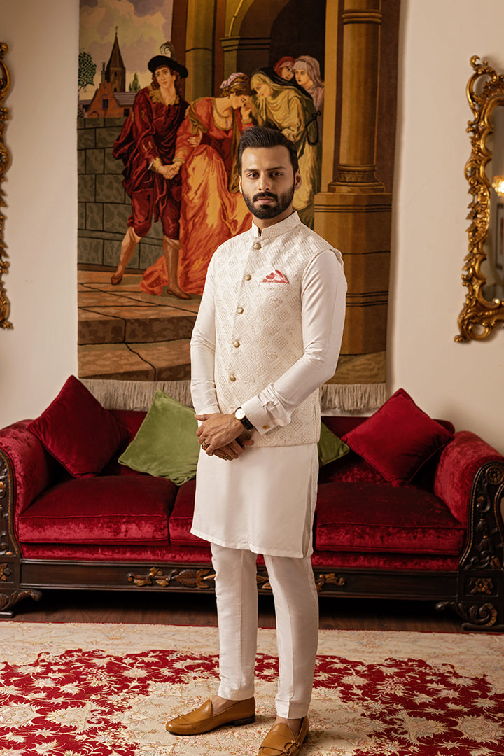 Cream Self-Embossed Cotton Silk Waistcoat (3-Piece) - Image 2