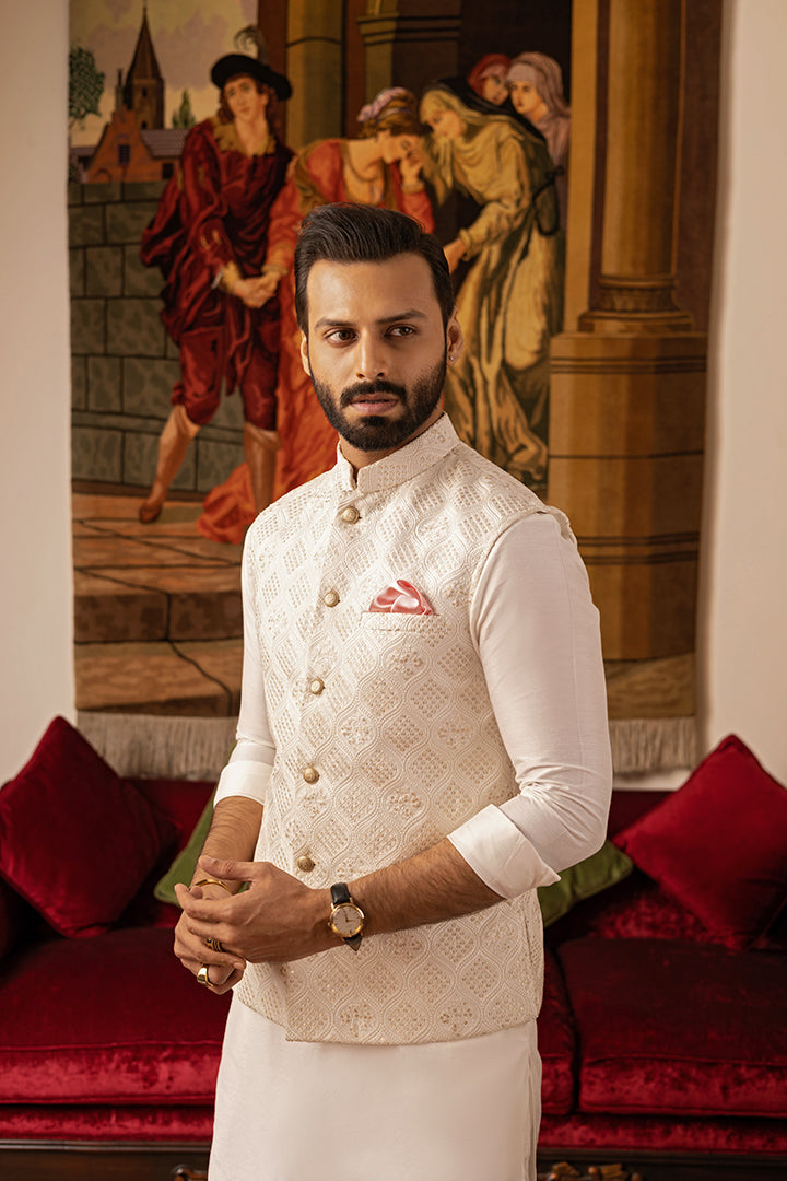 Cream Self-Embossed Cotton Silk Waistcoat (3-Piece) - Image 3