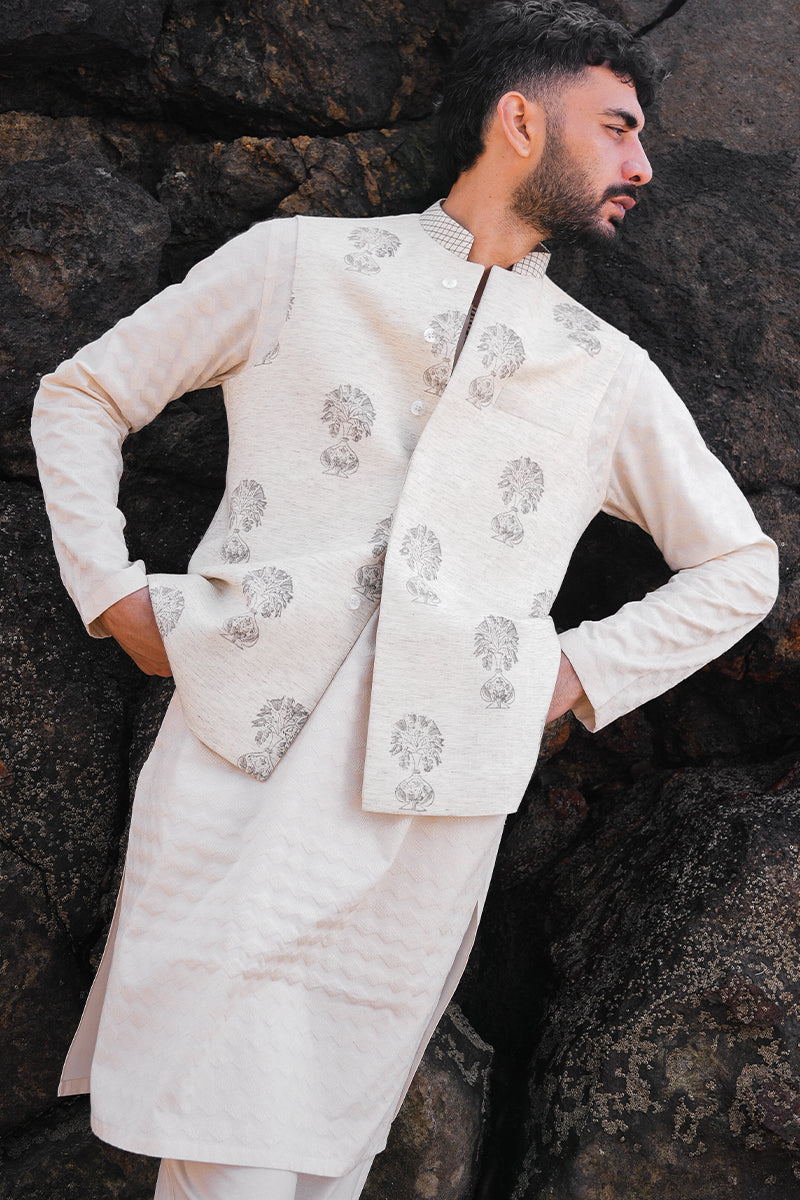 Cream Block Printed Cotton-Silk Waistcoat Kurta (3-Piece) - Image 2