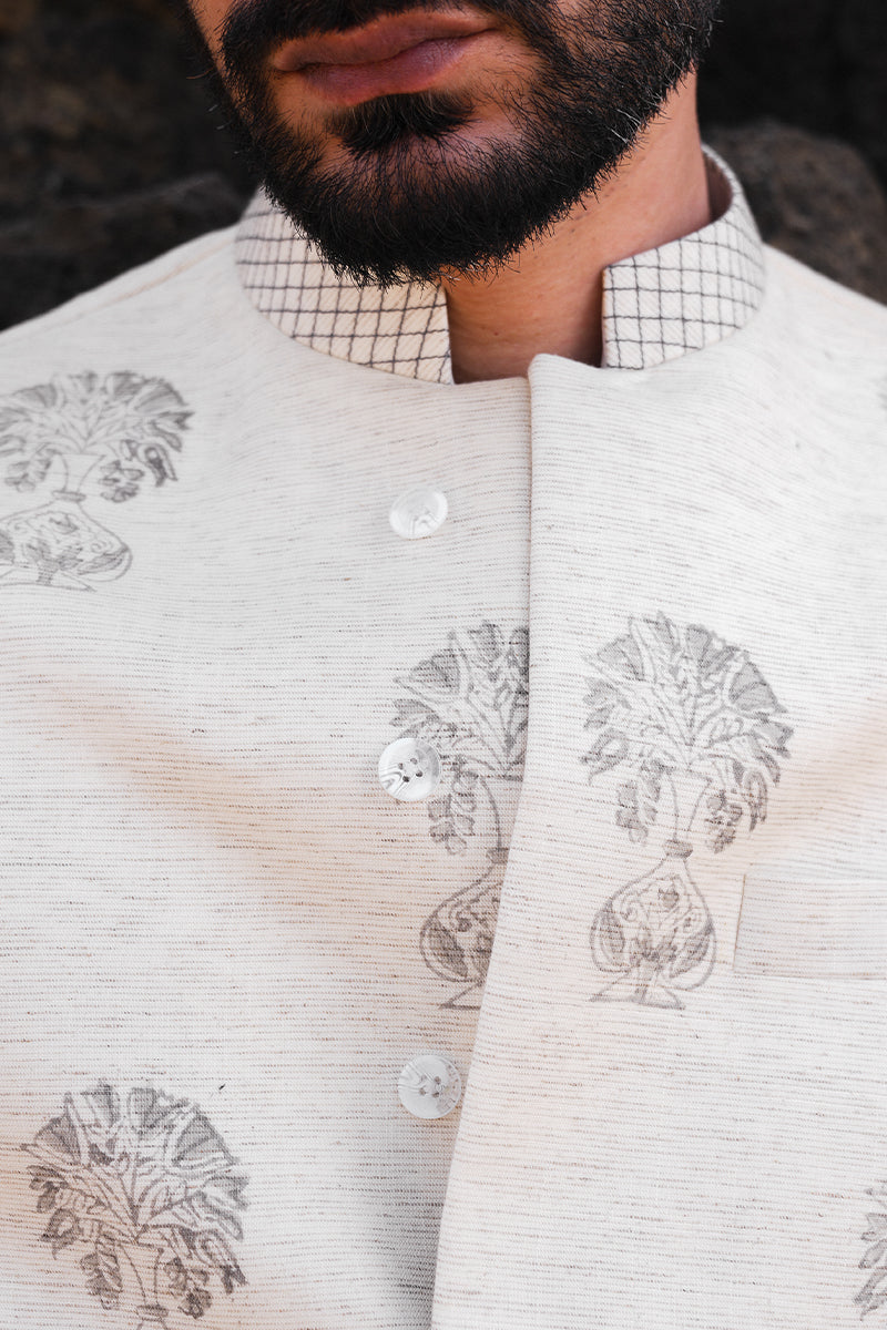 Cream Block Printed Cotton-Silk Waistcoat Kurta (3-Piece) - Image 3