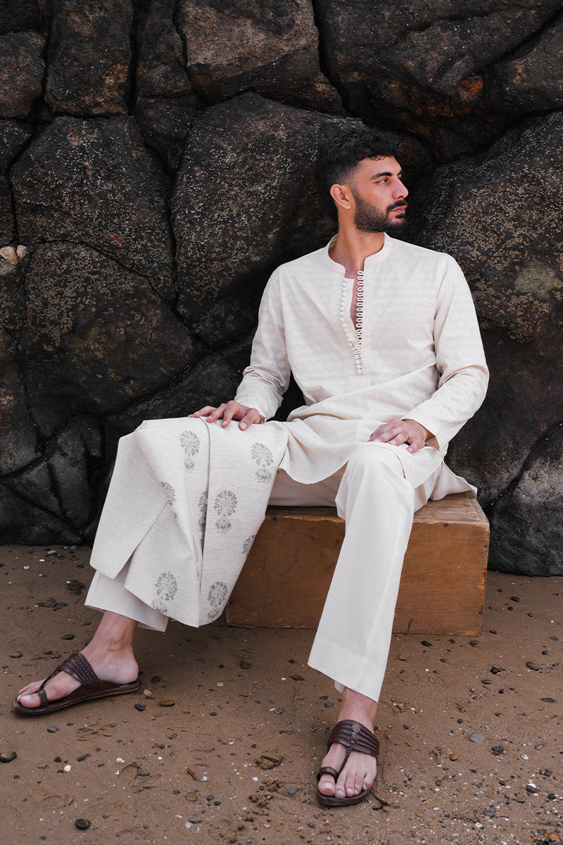 Cream Block Printed Cotton-Silk Waistcoat Kurta (3-Piece) - Image 6