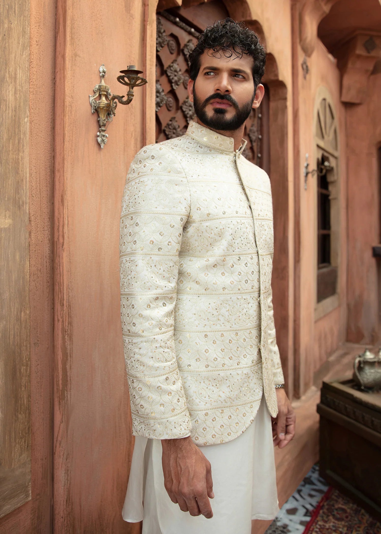 Ivory Tilla & Sequin Grip Waistcoat Kurta (3-Piece) - Image 3