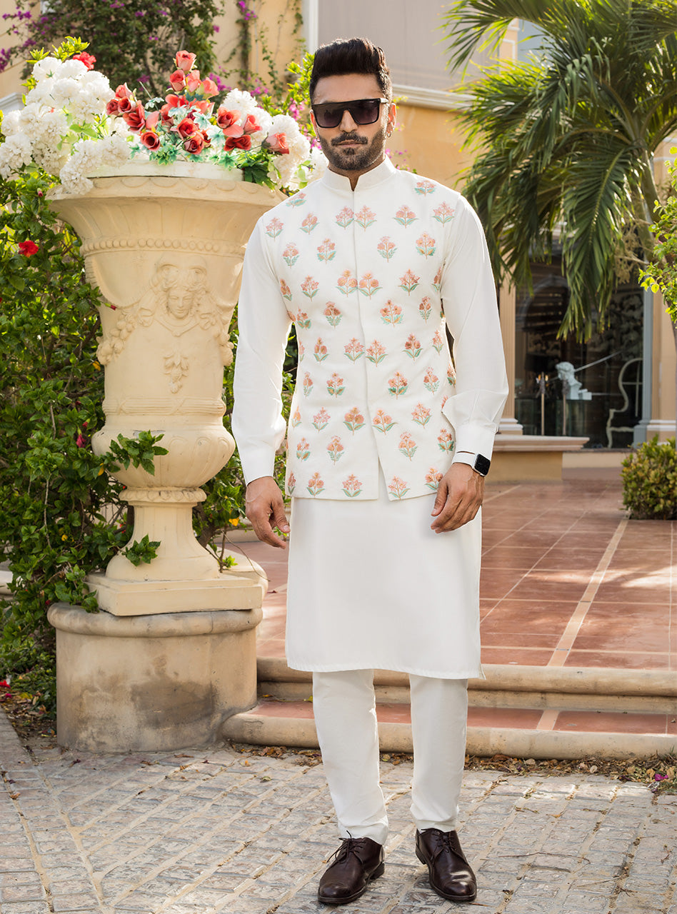 Ivory Embroidered Jacquard Waistcoat Kurta Set (3-Piece) - Image 1