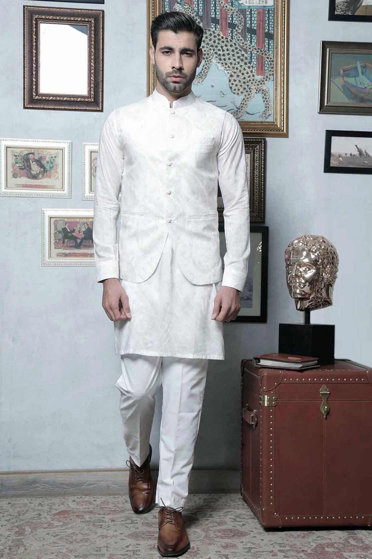 Ivory Paisley Jacquard Waistcoat Kurta (3-Piece) - Image 1