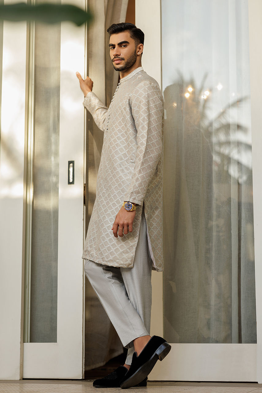 Ivory Jacquard Waistcoat Kurta 3-Piece - Image 3