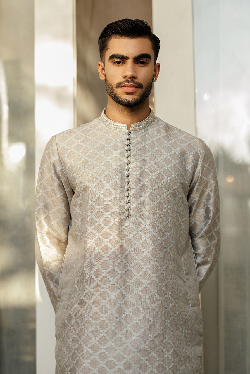 Ivory Jacquard Waistcoat Kurta 3-Piece - Image 5