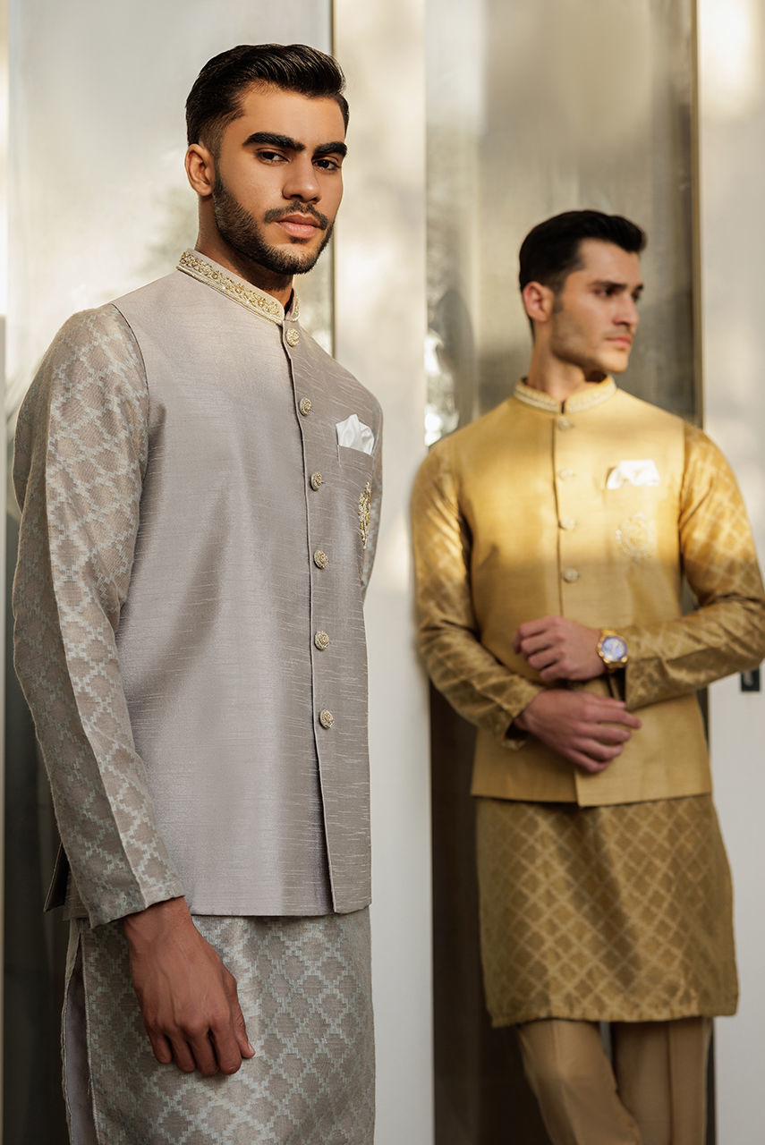 Ivory Jacquard Waistcoat Kurta 3-Piece - Image 7