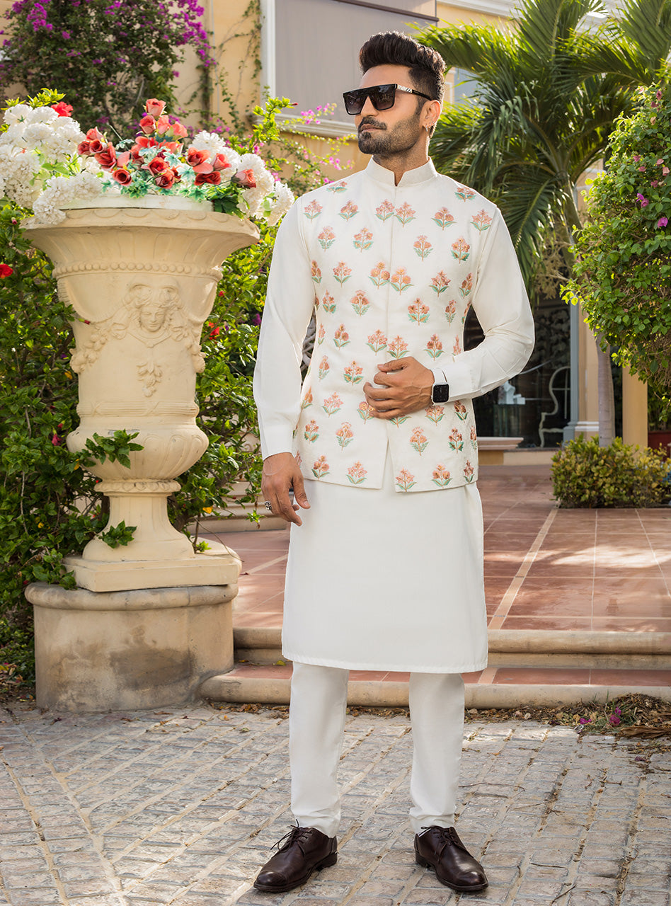 Ivory Embroidered Jacquard Waistcoat Kurta Set (3-Piece) - Image 2
