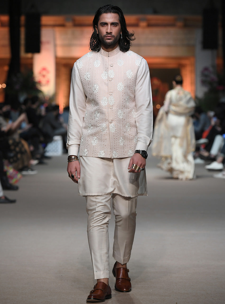 Ivory Embroidered Jacquard Waistcoat Kurta (3-Piece) - Image 1