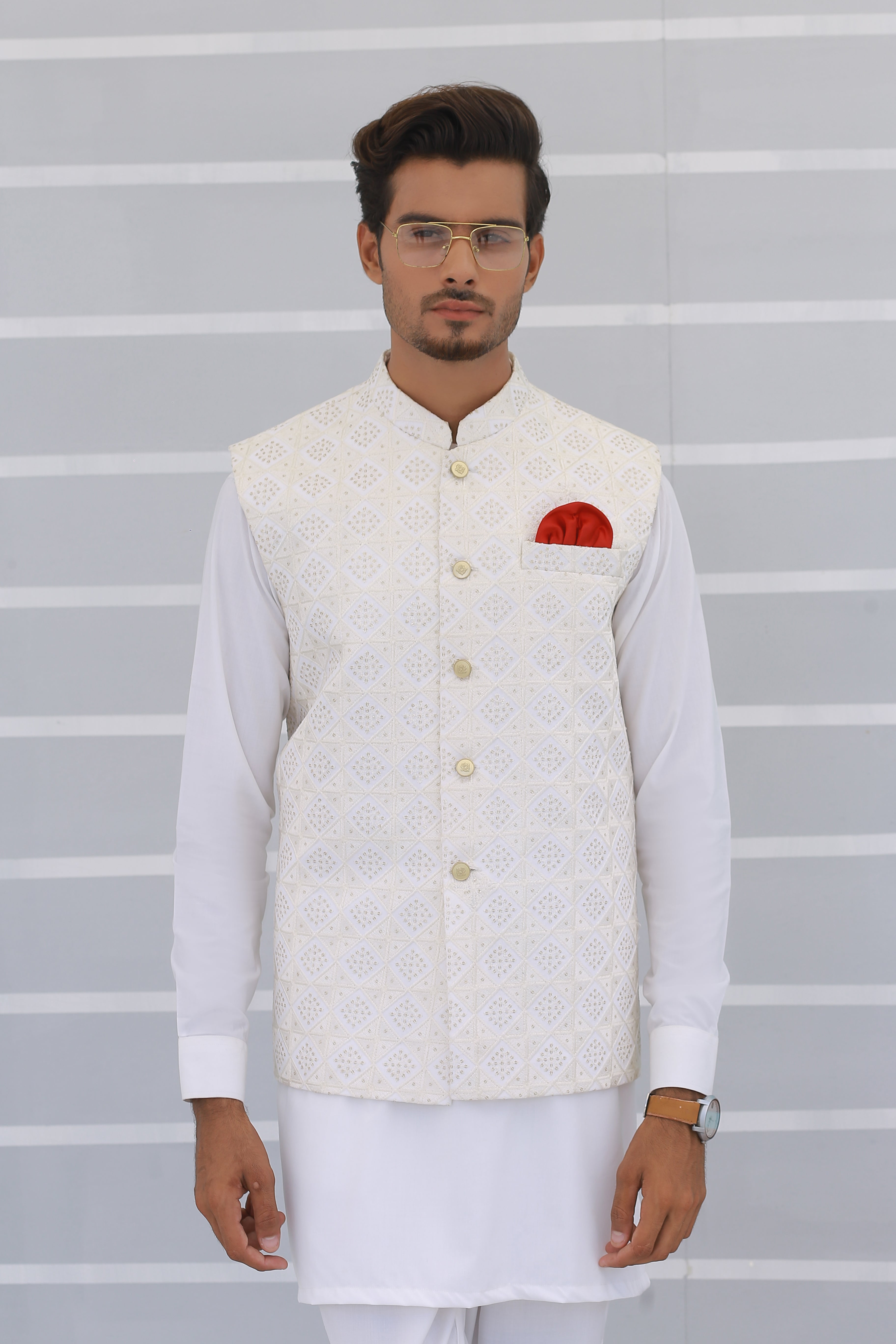 Ivory Jacquard Patterned Men's Waistcoat (3-Piece) - Image 3