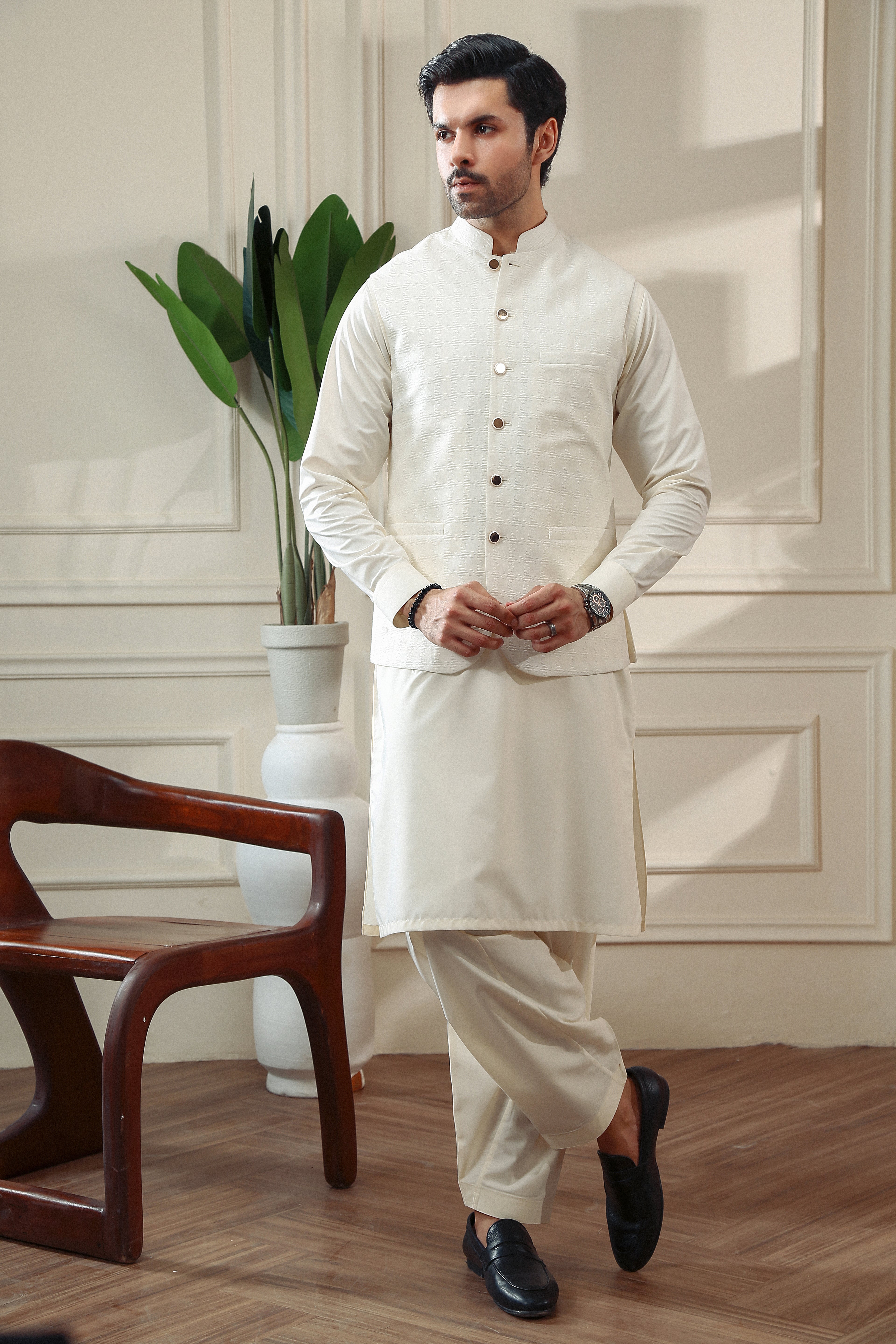 Off-White Jacquard Waistcoat Kurta Set (3-Piece) - Image 1