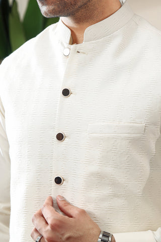 Off-White Jacquard Waistcoat Kurta Set (3-Piece) - Image 3