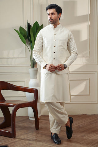 Off-White Jacquard Waistcoat Kurta Set (3-Piece) - Image 6