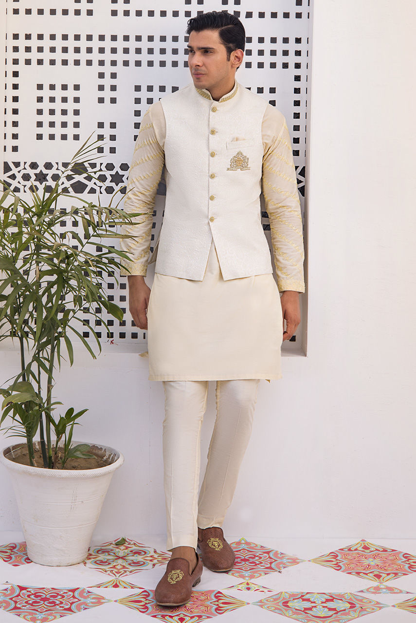 Off-White Embroidered Jamawar Waistcoat Kurta Pajama (3-Piece) - Image 1