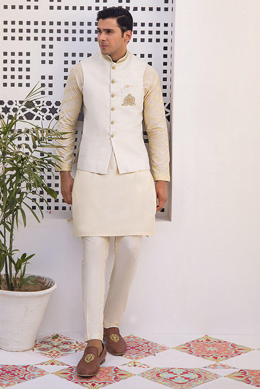 Off-White Jamawar Waistcoat with Embroidered Kurta (3-Piece) - Image 1