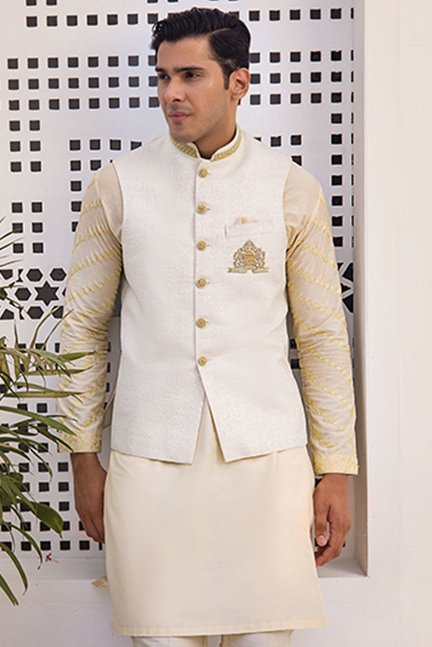 Off-White Jamawar Waistcoat with Embroidered Kurta (3-Piece) - Image 2