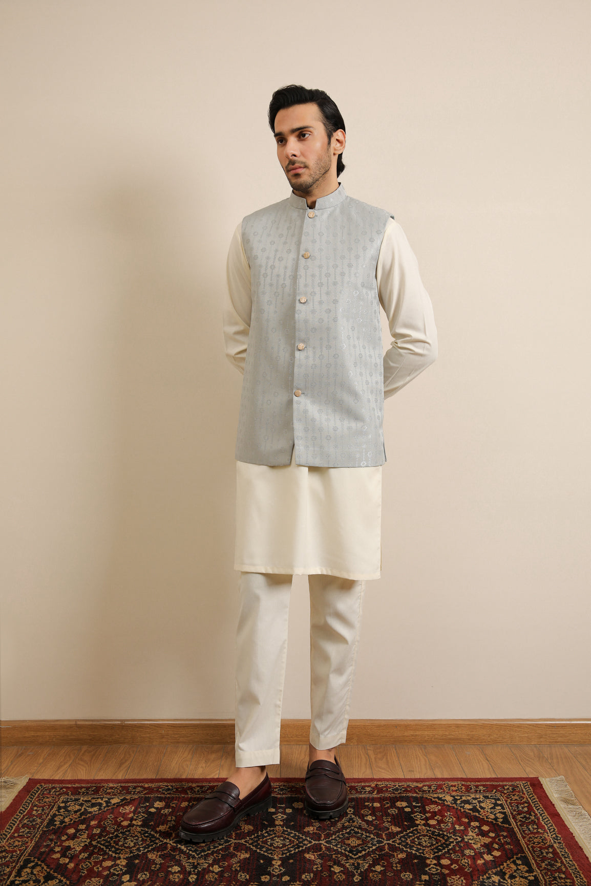 Off-White Blended Kurta Trouser with Sky Blue Jamawar Waistcoat (3-Piece) - Image 1