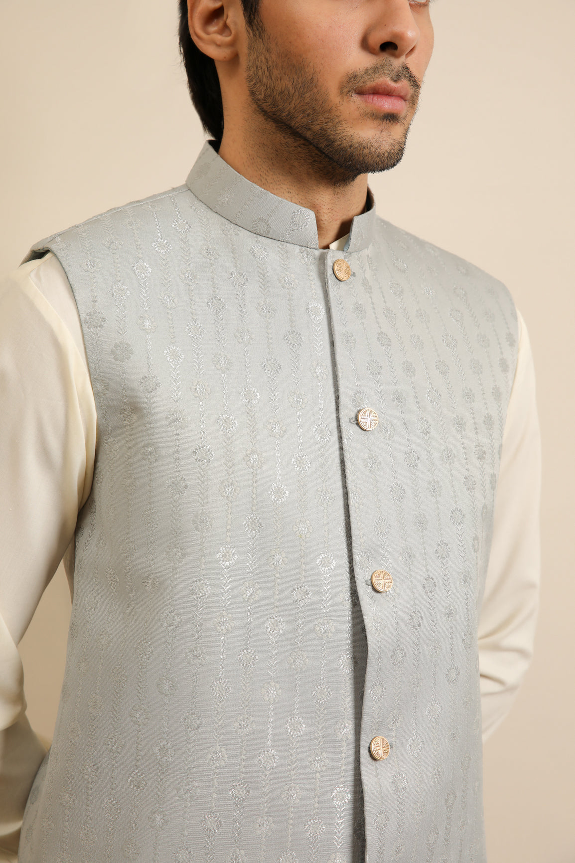 Off-White Blended Kurta Trouser with Sky Blue Jamawar Waistcoat (3-Piece) - Image 10