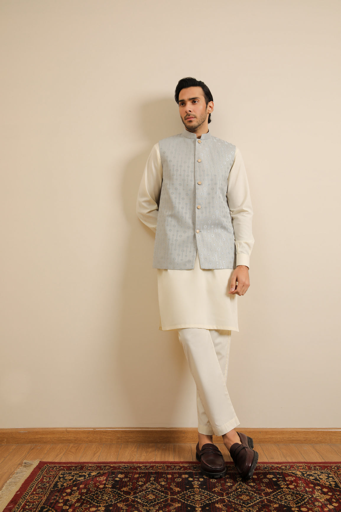 Off-White Blended Kurta Trouser with Sky Blue Jamawar Waistcoat (3-Piece) - Image 11