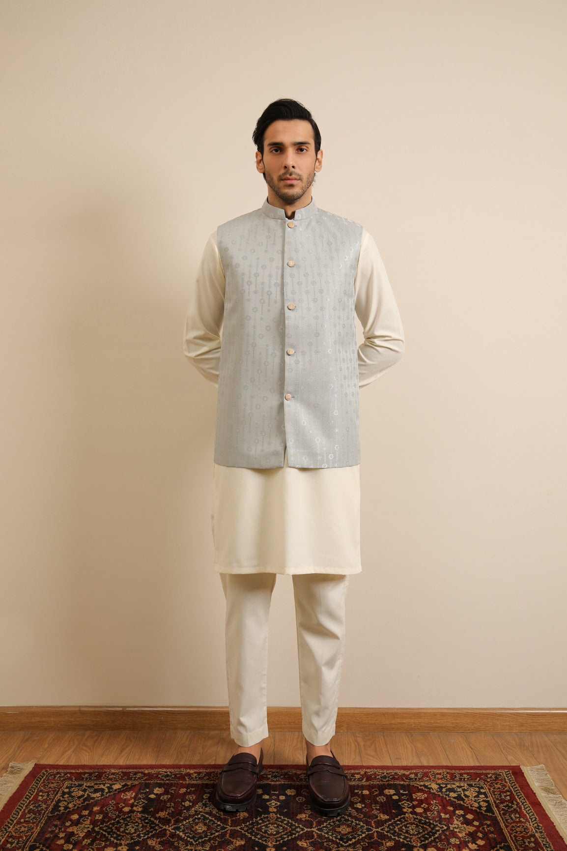 Off-White Blended Kurta Trouser with Sky Blue Jamawar Waistcoat (3-Piece) - Image 2