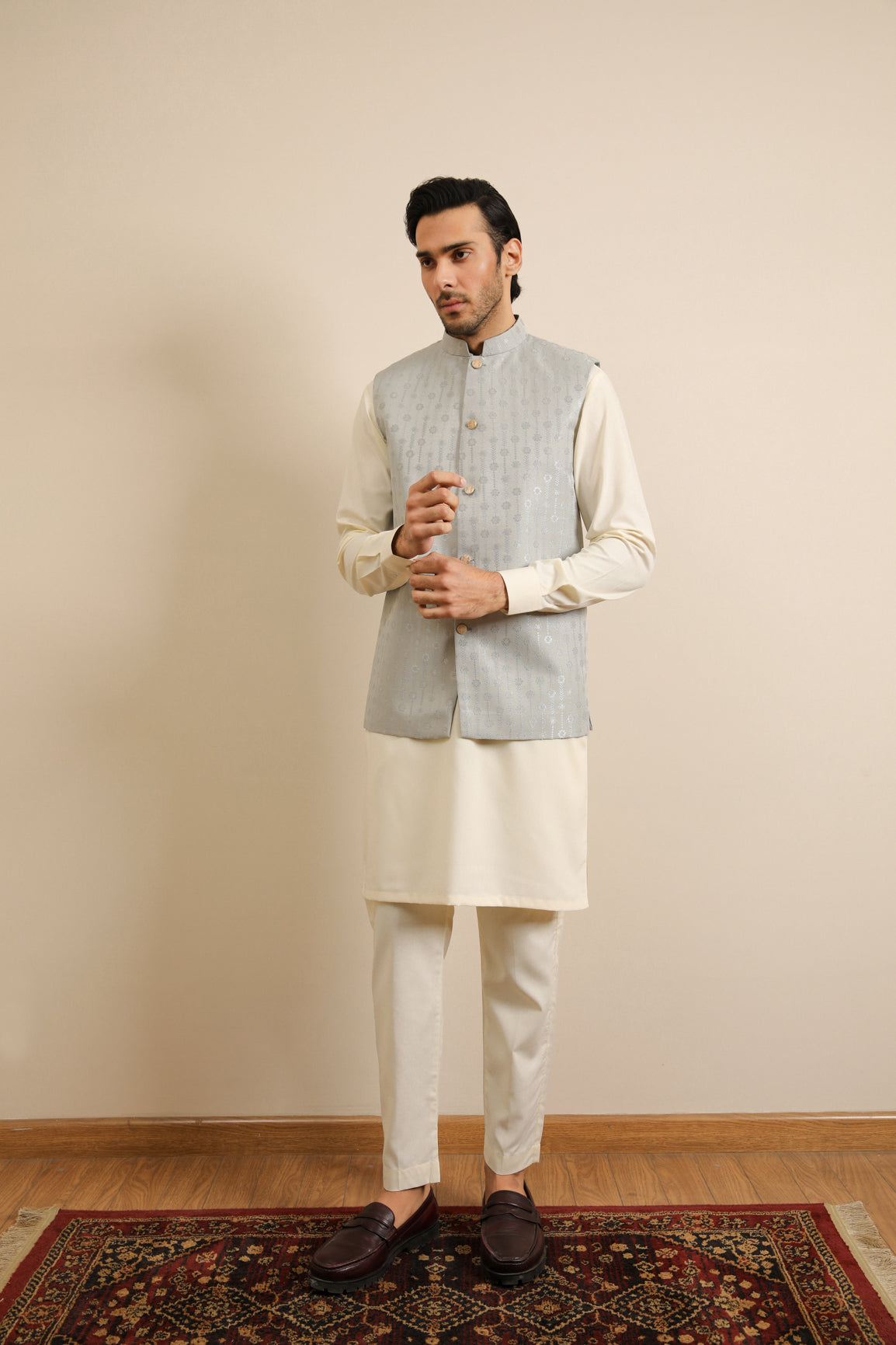 Off-White Blended Kurta Trouser with Sky Blue Jamawar Waistcoat (3-Piece) - Image 3