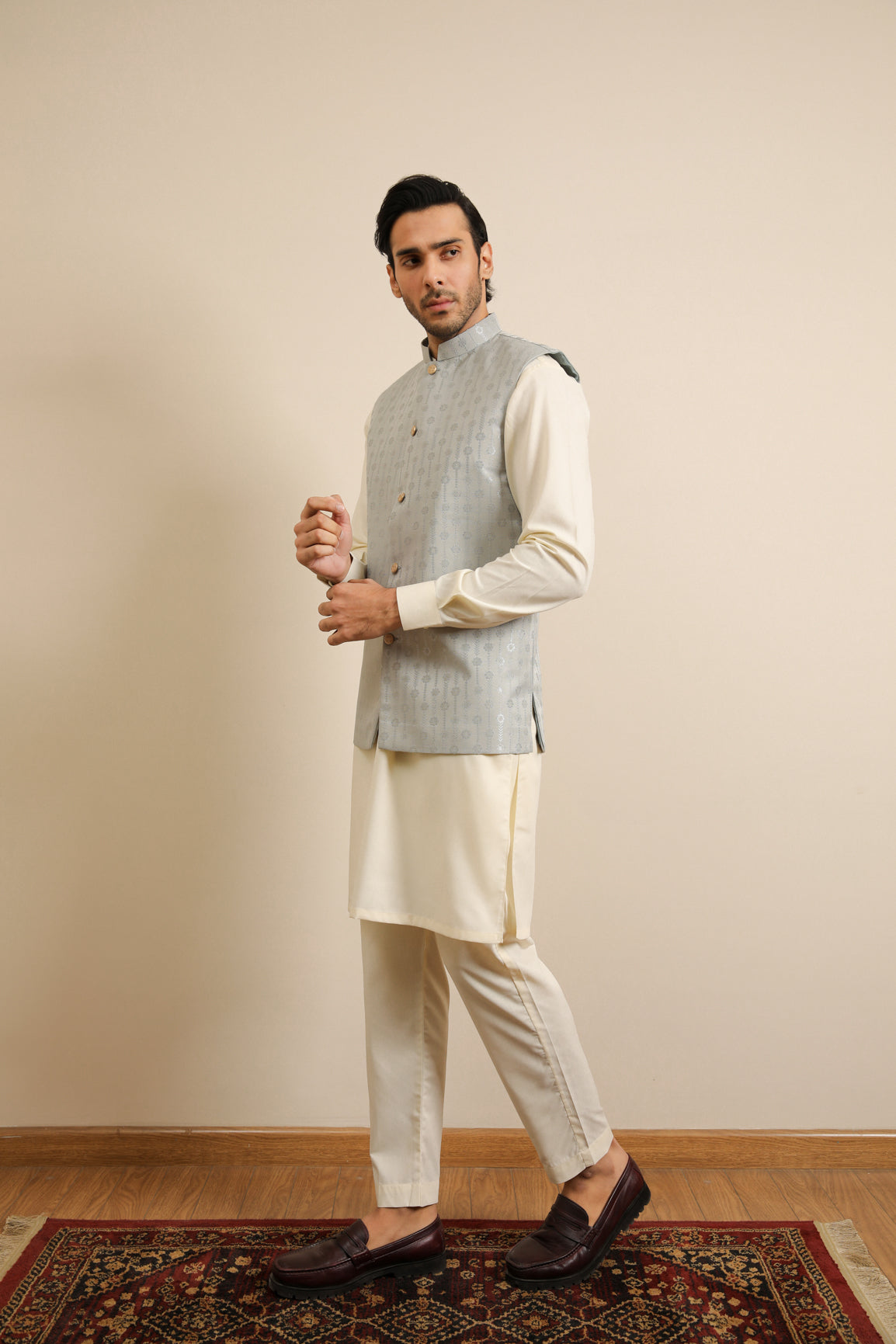 Off-White Blended Kurta Trouser with Sky Blue Jamawar Waistcoat (3-Piece) - Image 4