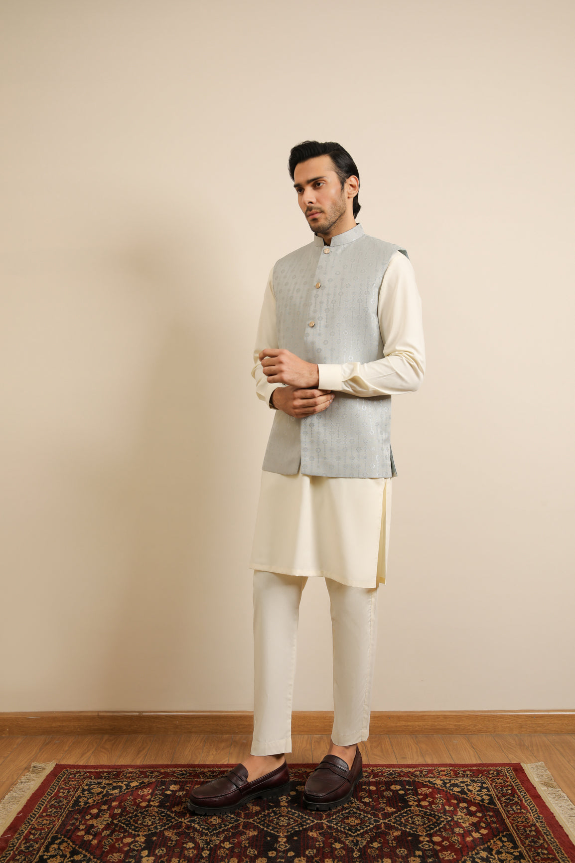 Off-White Blended Kurta Trouser with Sky Blue Jamawar Waistcoat (3-Piece) - Image 6