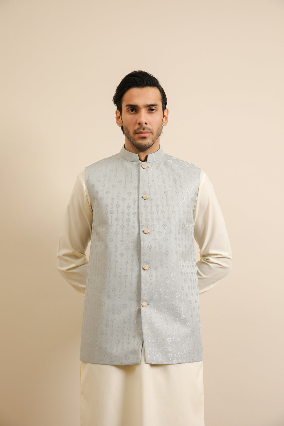 Off-White Blended Kurta Trouser with Sky Blue Jamawar Waistcoat (3-Piece) - Image 8