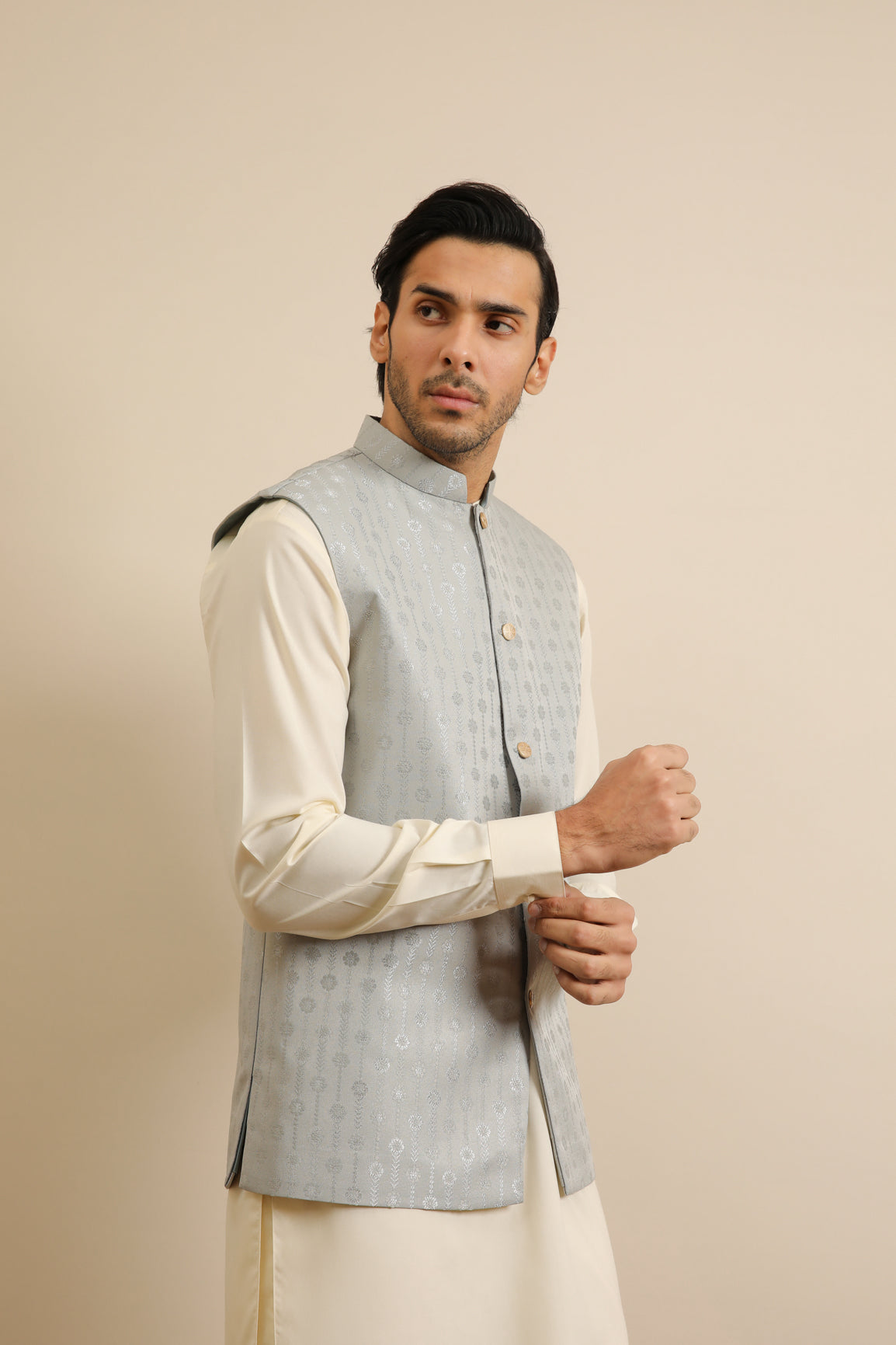 Off-White Blended Kurta Trouser with Sky Blue Jamawar Waistcoat (3-Piece) - Image 9