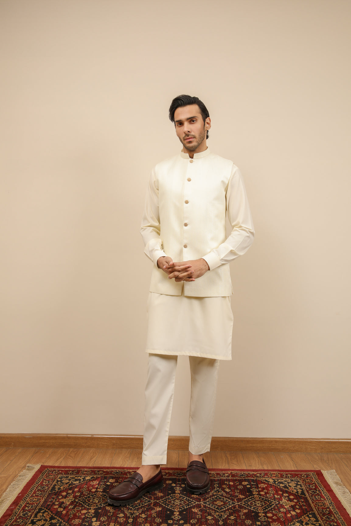 Off White Jamawar Waistcoat Kurta Set (3-Piece) - Image 1