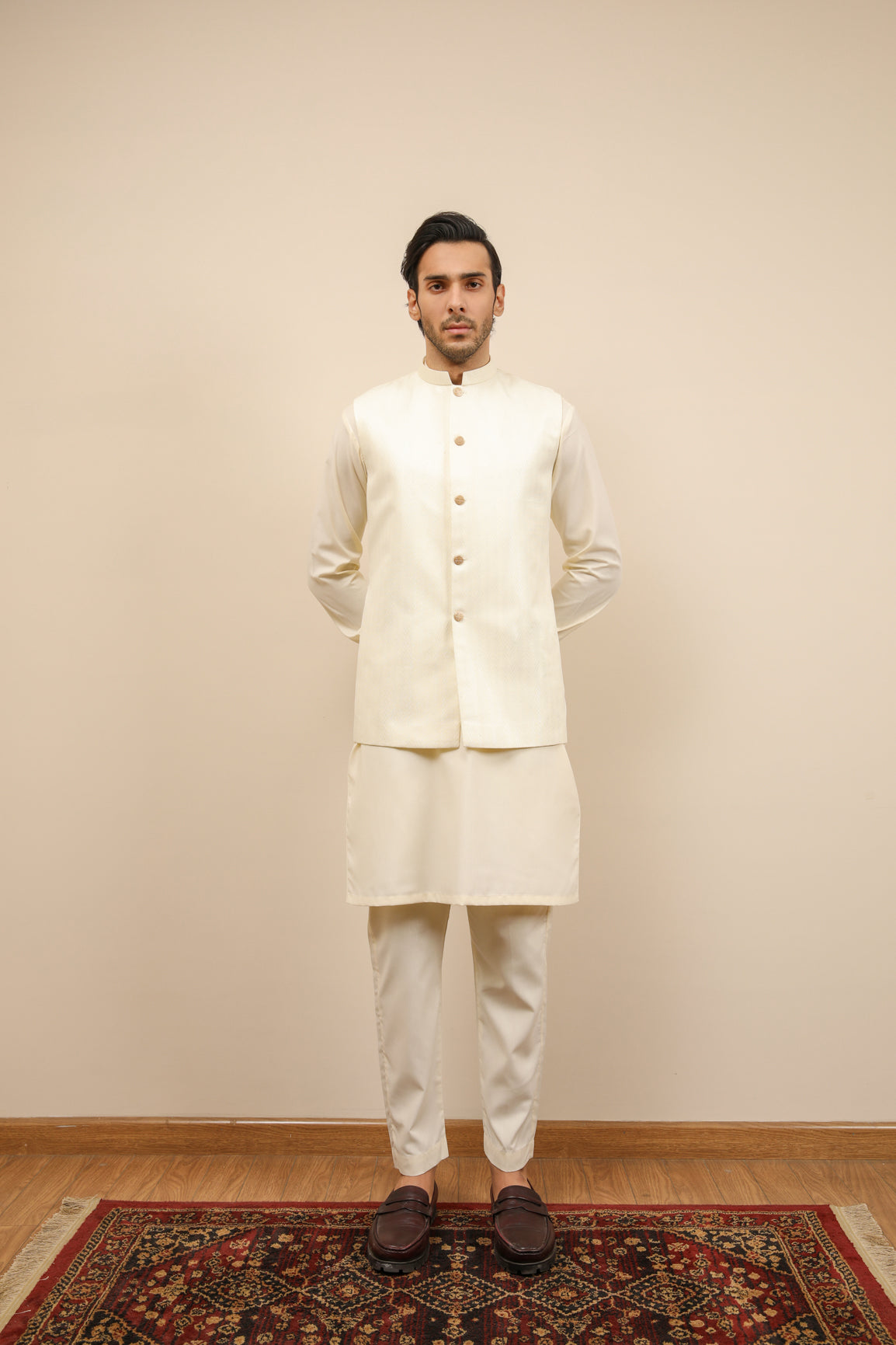 Off White Jamawar Waistcoat Kurta Set (3-Piece) - Image 2