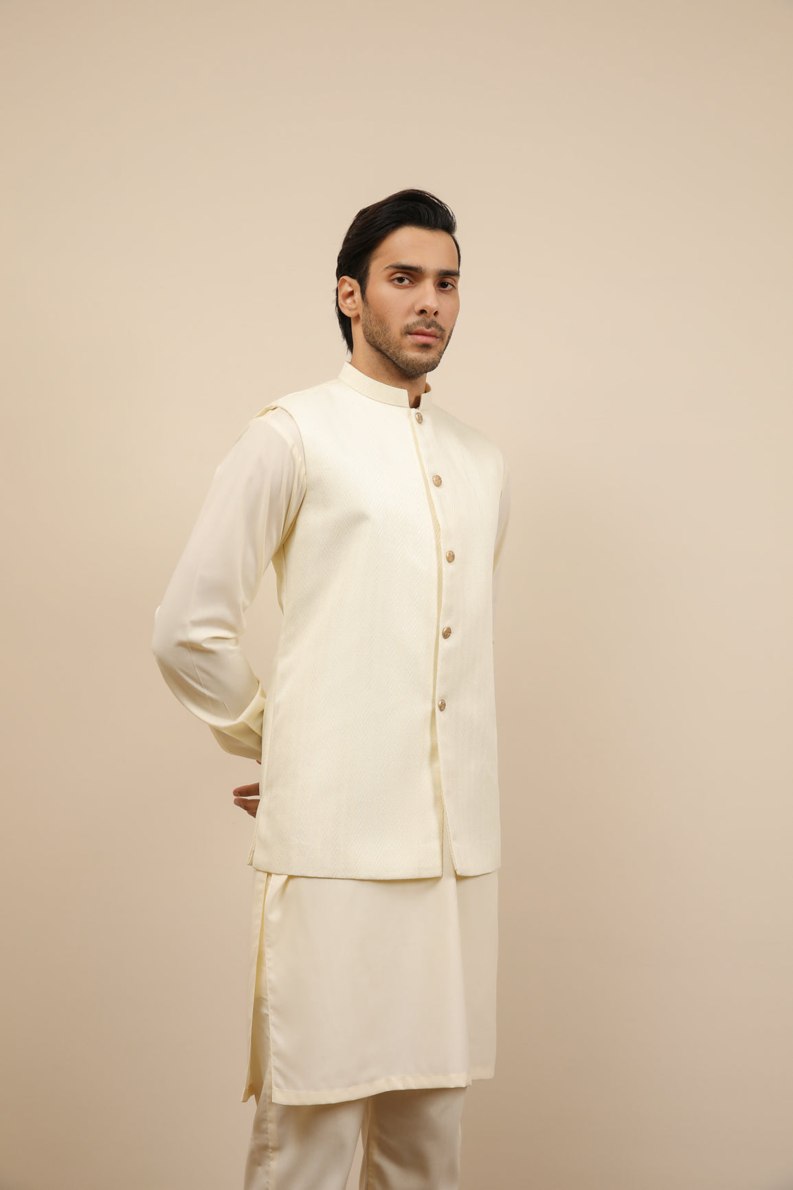 Off White Jamawar Waistcoat Kurta Set (3-Piece) - Image 20