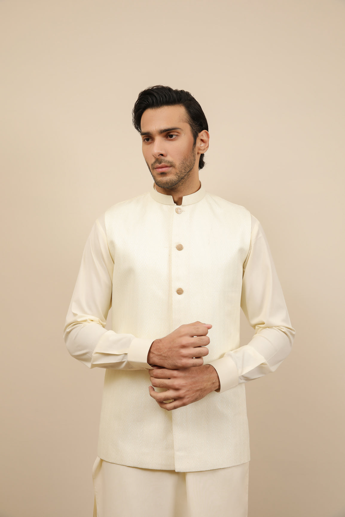Off White Jamawar Waistcoat Kurta Set (3-Piece) - Image 22